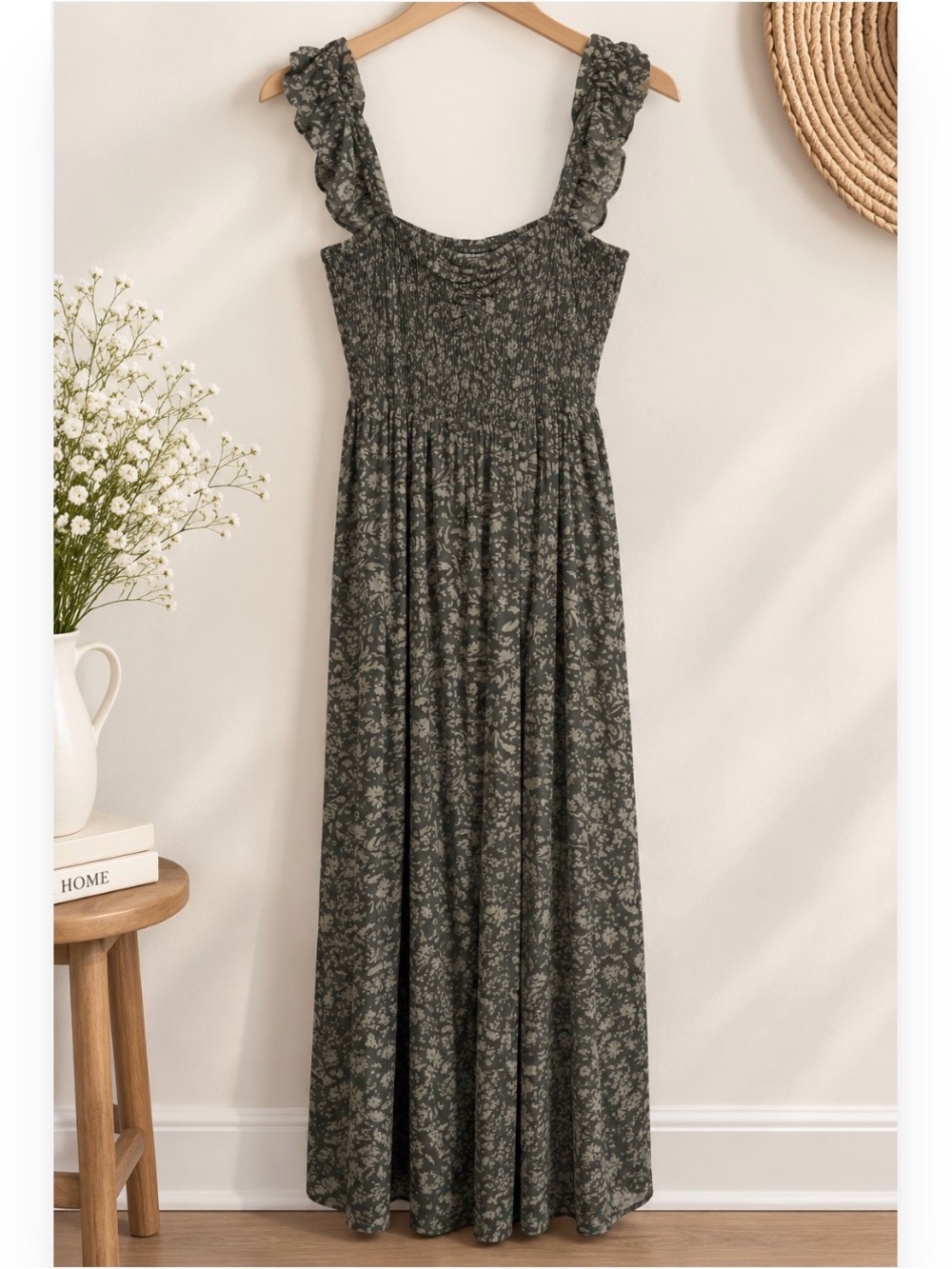 Floral Smocked Maxi Dress Flutter Ruffle Strap Boho Cottagecore S